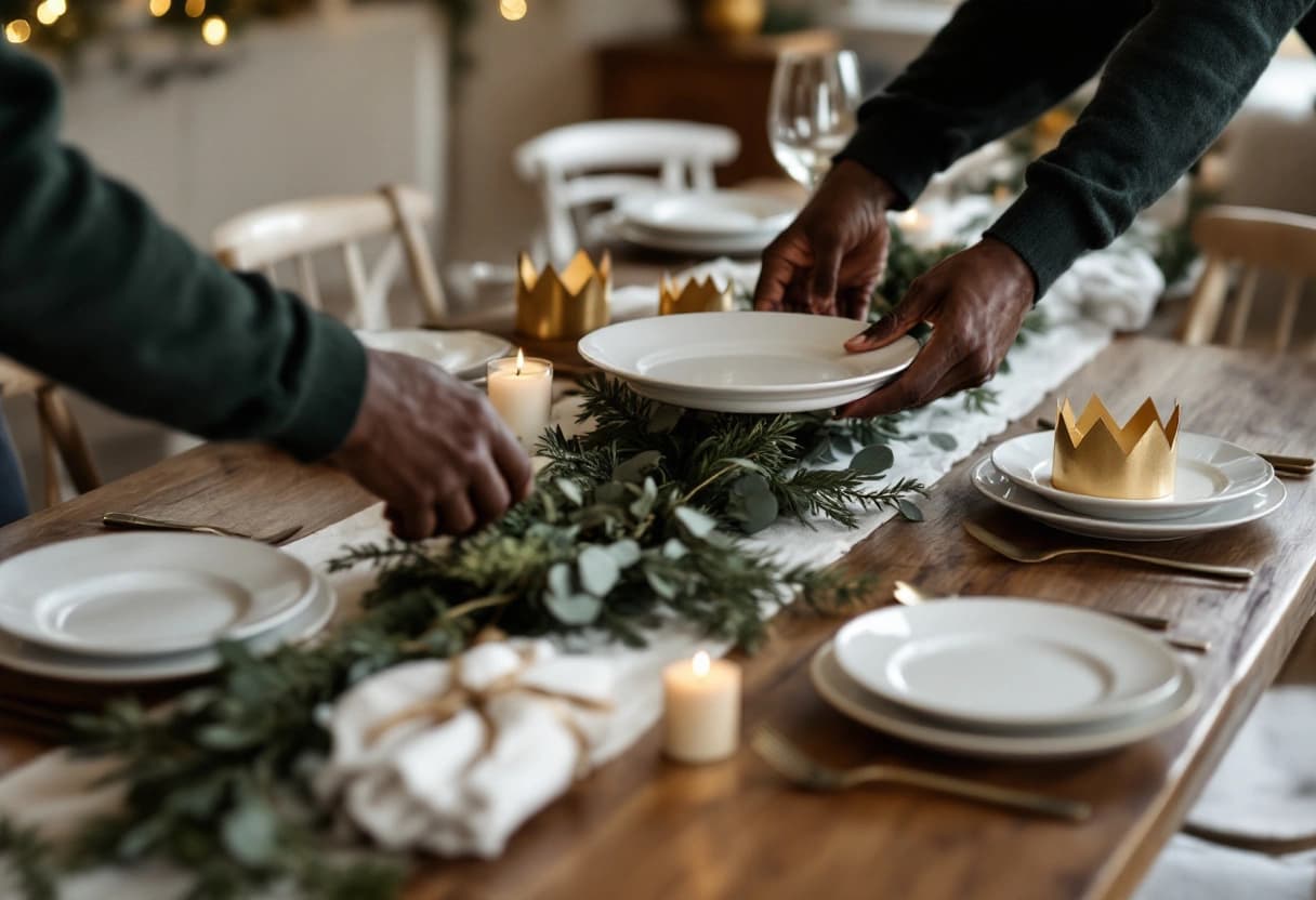 Handen dekken een lange kersttafel met witte borden en gouden papieren kroontjes, op een loper van dennengroen en eucalyptus