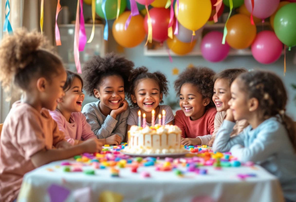 Children celebrating at a colorful birthday party with balloons and birthday cake