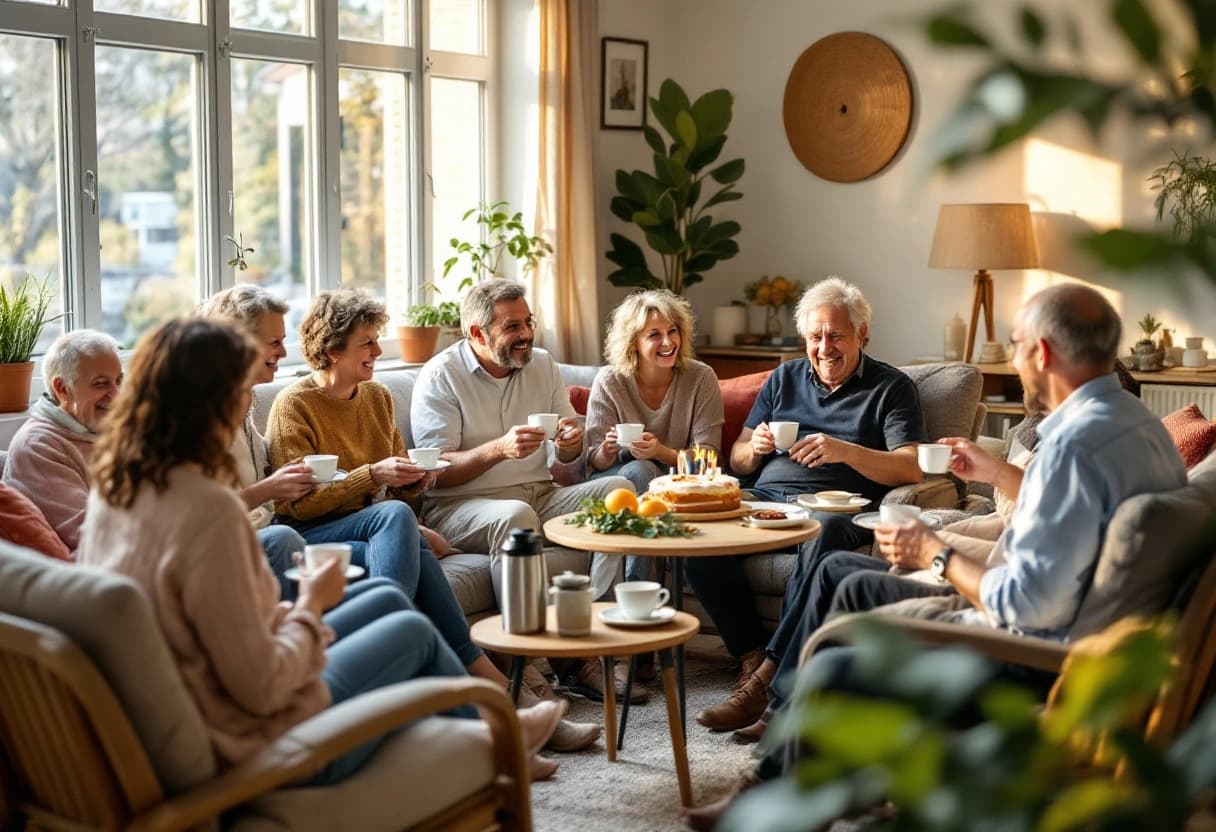 Familie en vrienden zitten in een kring in een Nederlandse woonkamer met koffie en taart tijdens een verjaardag