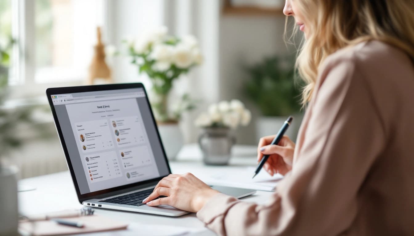 Wedding planner reviewing RSVP dashboards for multiple client weddings on a laptop