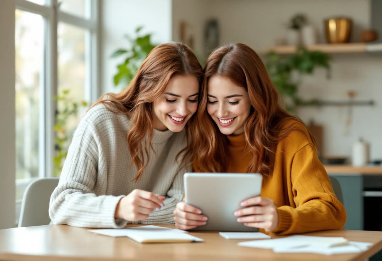 Couple de mariées vérifiant la liste des réponses des invités sur une tablette, cartons réponse à côté