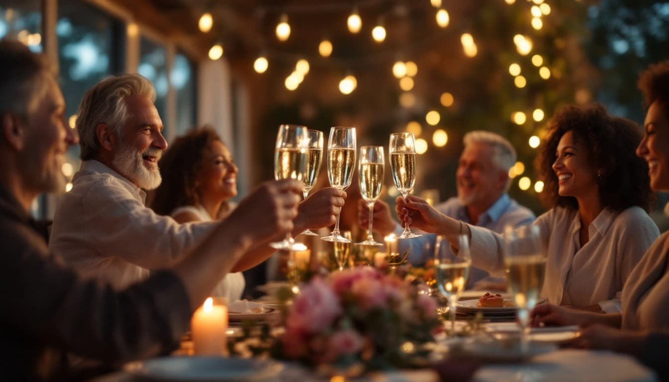 Adults toasting champagne glasses at an elegant milestone birthday dinner party with string lights