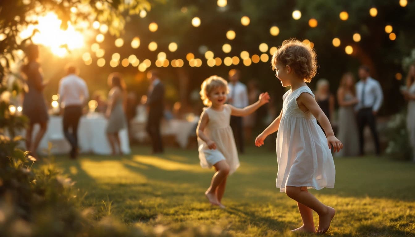 Niños bailando descalzos en el borde de la pista durante un banquete de boda al atardecer