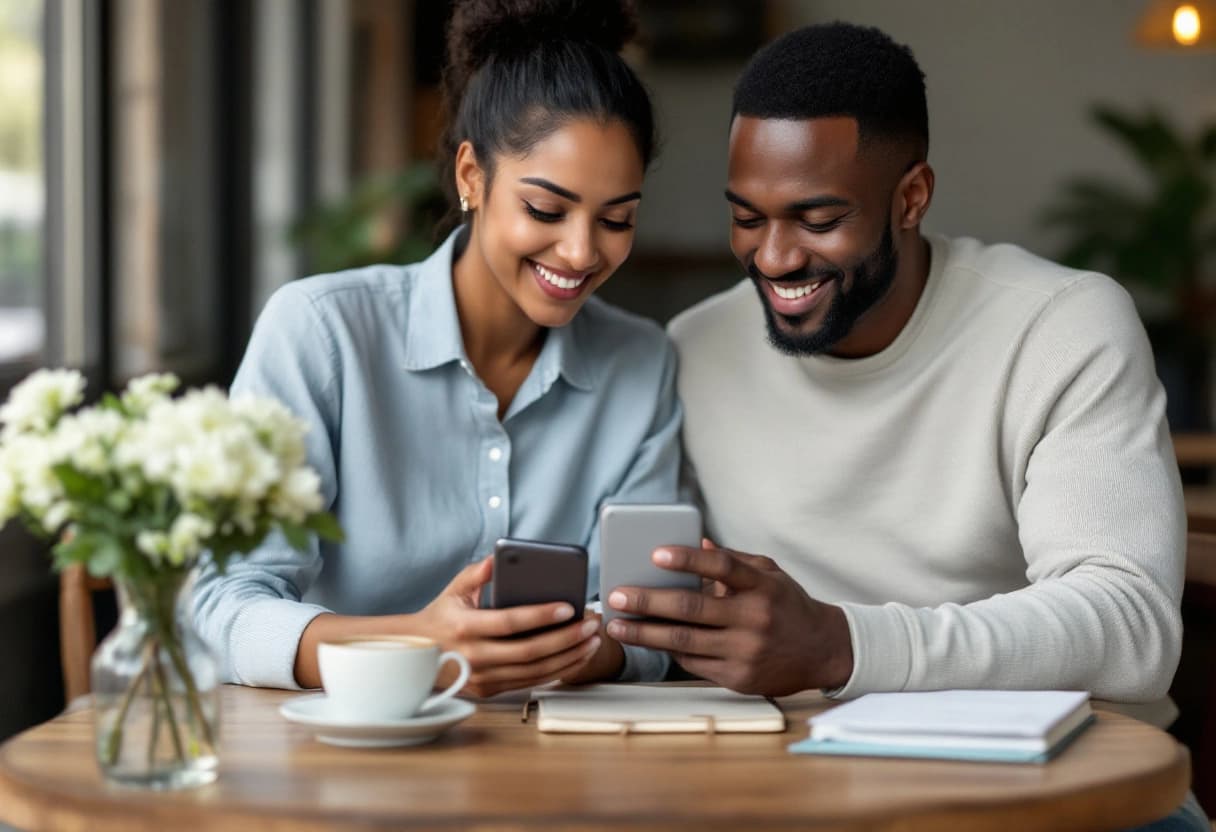 Noivos sorrindo conferindo as confirmações de presença do casamento no celular em um café