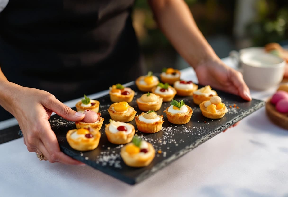 Plateau de pièces de cocktail salées et sucrées sur un buffet d'anniversaire