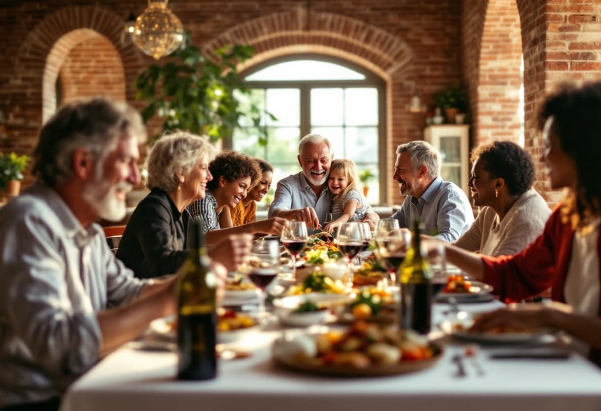 Pranzo di famiglia per i 60 anni del nonno in un ristorante con il soffitto a volta in mattoni, con figli e nipoti a tavola