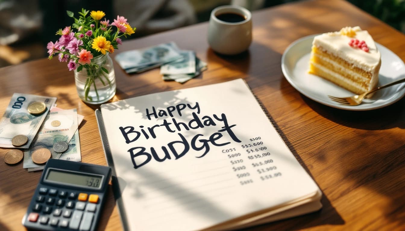 Anfitriona calculando el presupuesto de una fiesta de cumpleaños en una libreta junto a globos y un pastel