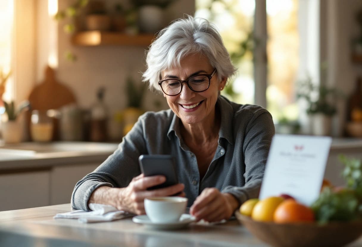 Donna anziana sorride guardando lo smartphone mentre conferma la partecipazione a un matrimonio