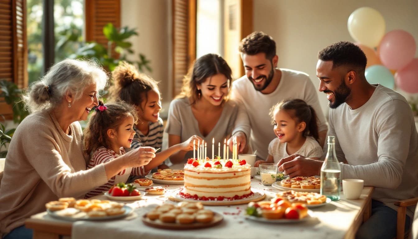 Tavolo di una festa di compleanno in Italia con torta, pizzette, pasticcini mignon e palloncini