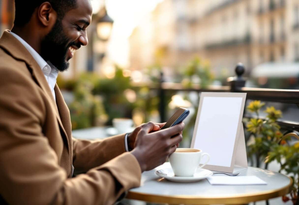 Homme en terrasse de café répondant par message à une invitation de mariage sur son téléphone
