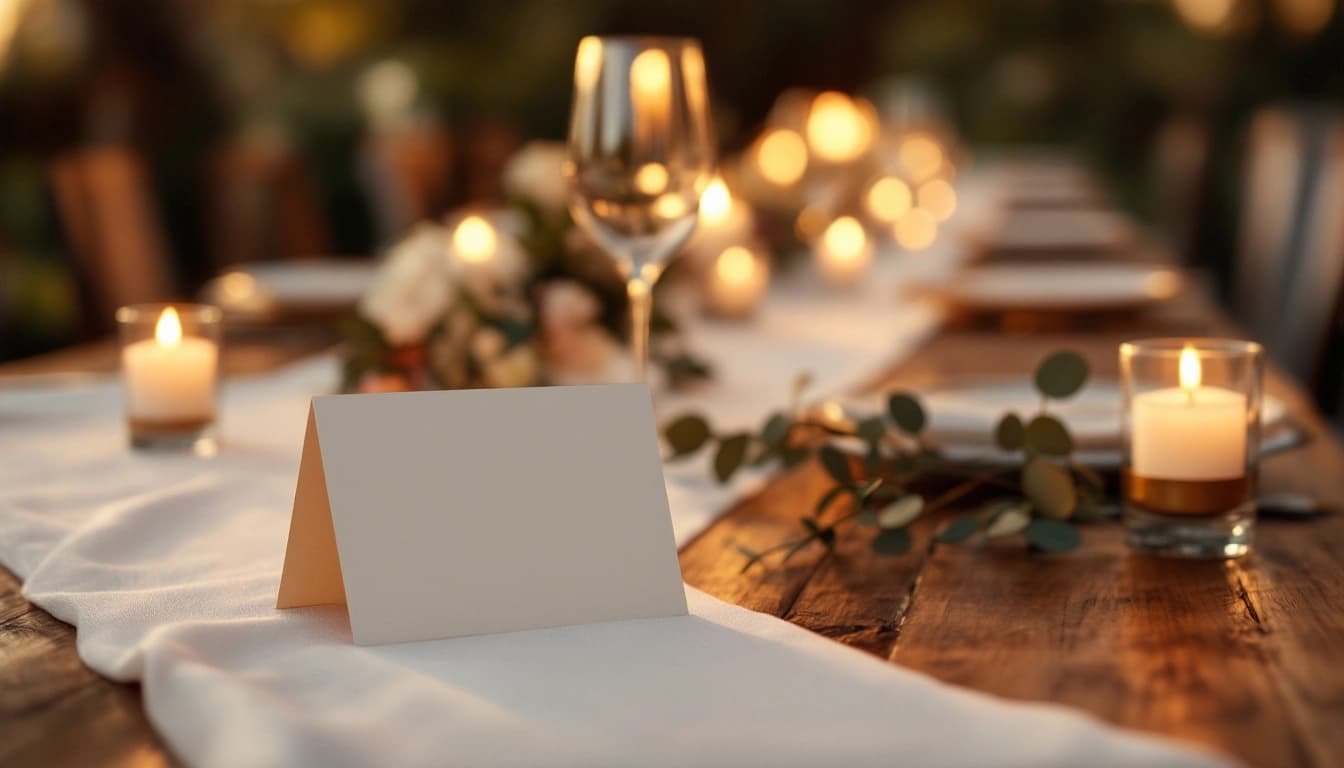 Elegant rehearsal dinner table setting with printed invitation cards and soft evening light