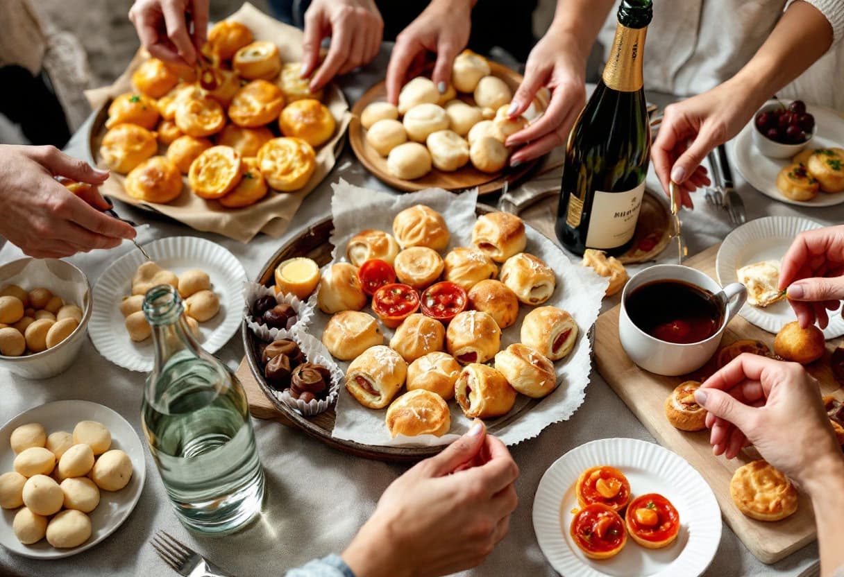 Vassoi di pizzette, salatini e pasticcini mignon su un tavolo da rinfresco per una festa di compleanno
