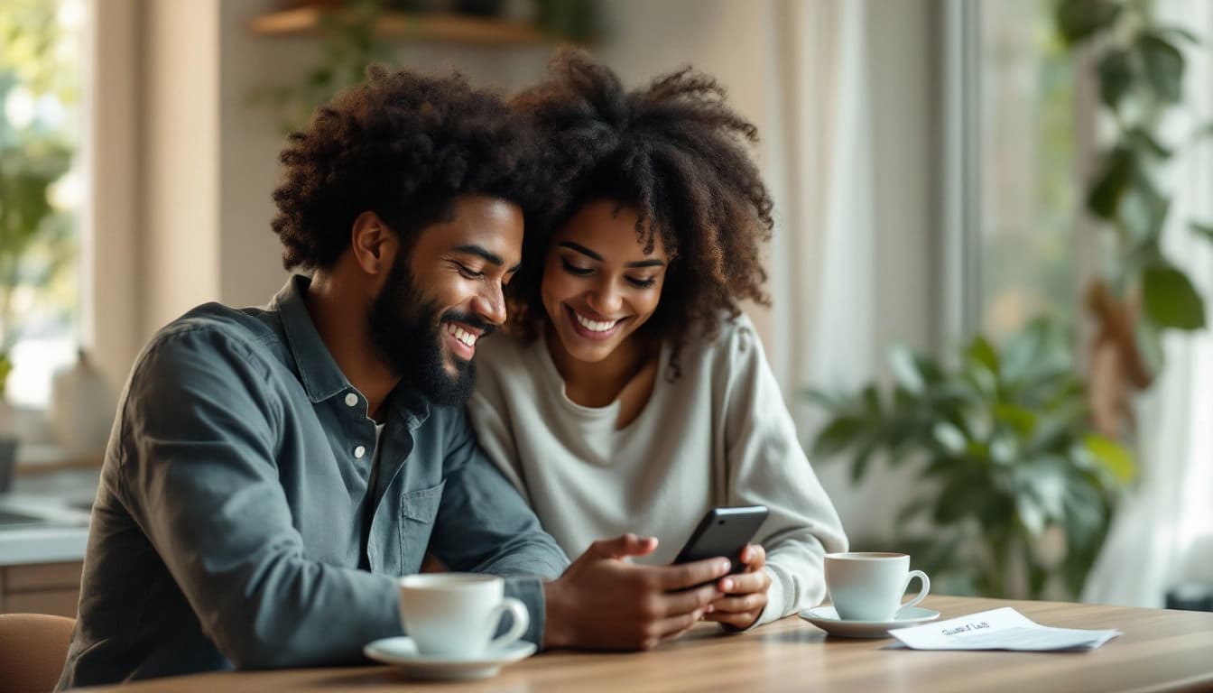 Casal brasileiro conferindo no celular o painel de RSVP de casamento com as confirmações de presença dos convidados
