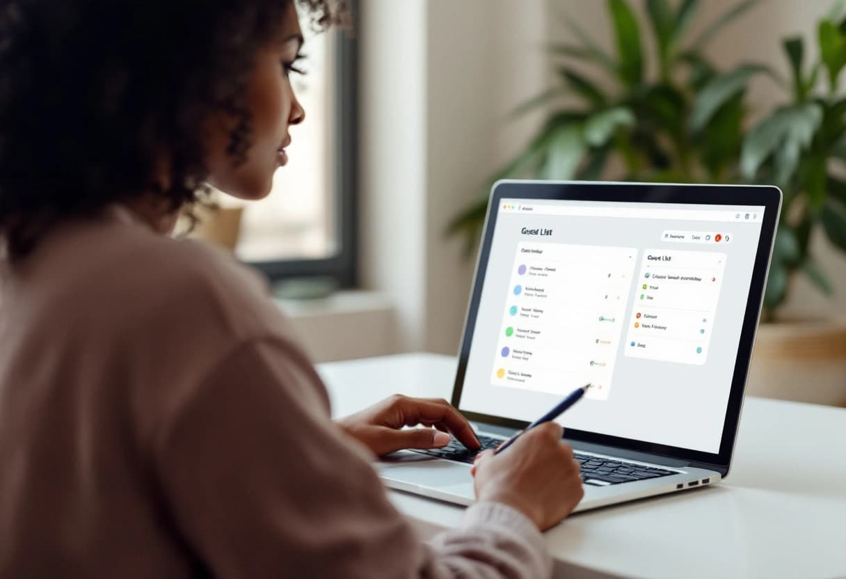 Bride reviewing a wedding guest list dashboard on a laptop with per-guest response status