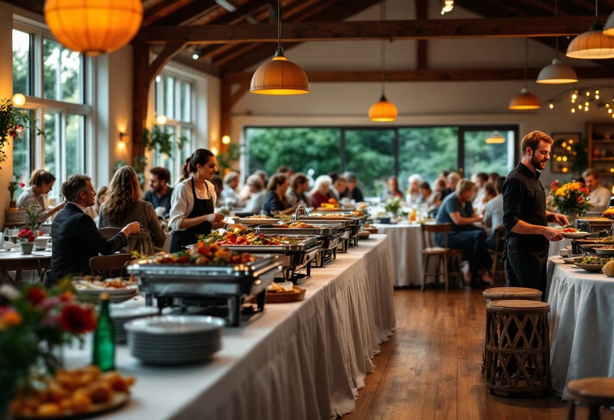 Festsaal mit runden Tischen und Abendbuffet bei einer Feier zum runden Geburtstag mit rund 80 Gästen