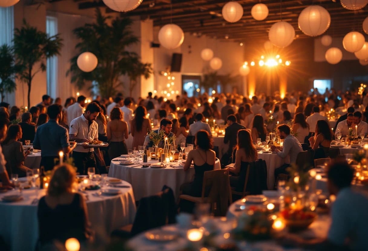 Salão de festas com mesas redondas e equipe do buffet servindo uma festa de aniversário para cerca de 80 convidados