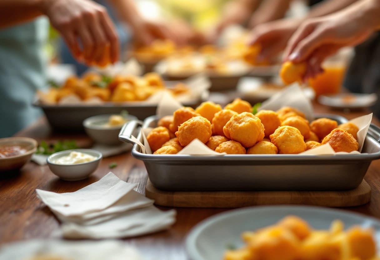 Bandeja de salgados fritos numa mesa de festa, a base do cálculo por cento