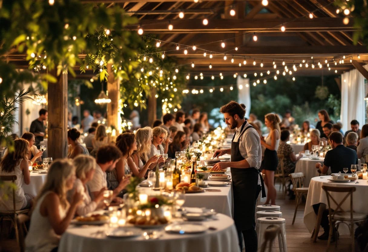 Salle des fêtes communale dressée pour un anniversaire d'environ 80 invités, avec buffet et serveurs