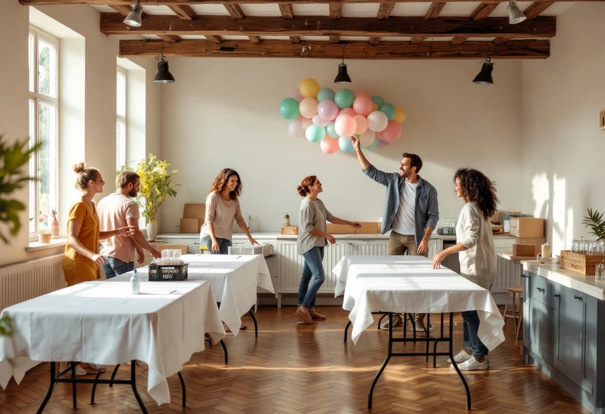 Amis installant les tables et une guirlande de ballons dans une salle des fêtes pour un anniversaire