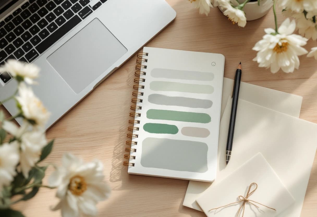 Spiraalblok met gekleurde rijen voor de gastenlijst, blanco enveloppen met touw en een laptop op een houten bureau