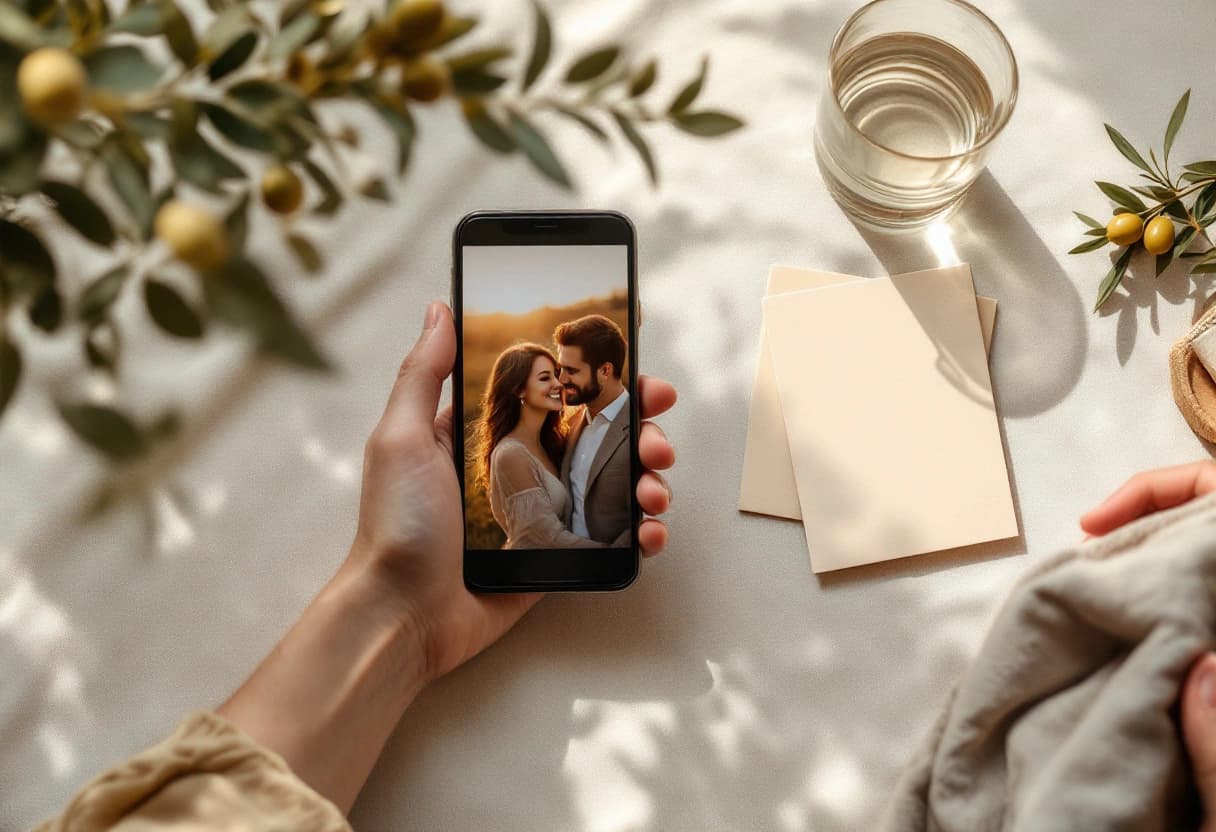 Hand holding a phone with a couple photo ready to send as a WhatsApp save the date, next to blank cream cards