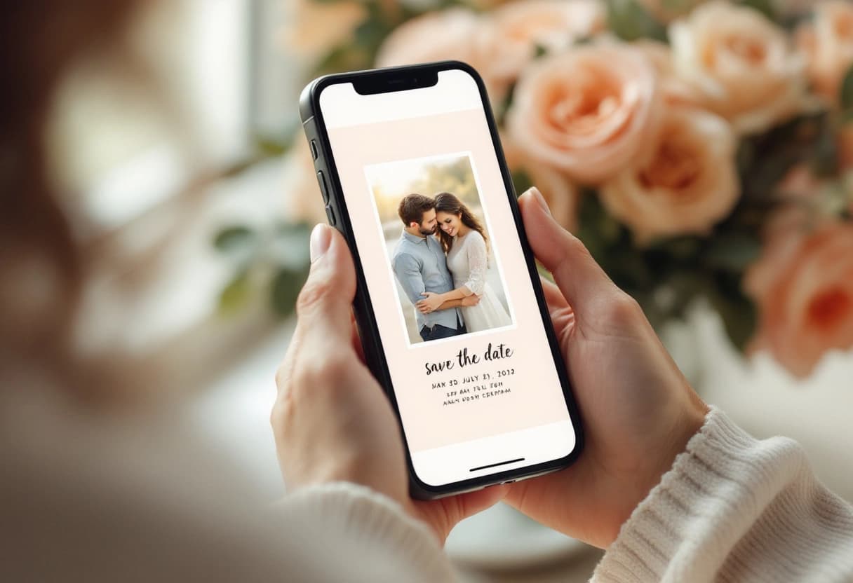 Guest opening a digital wedding save the date on a phone beside a vase of roses