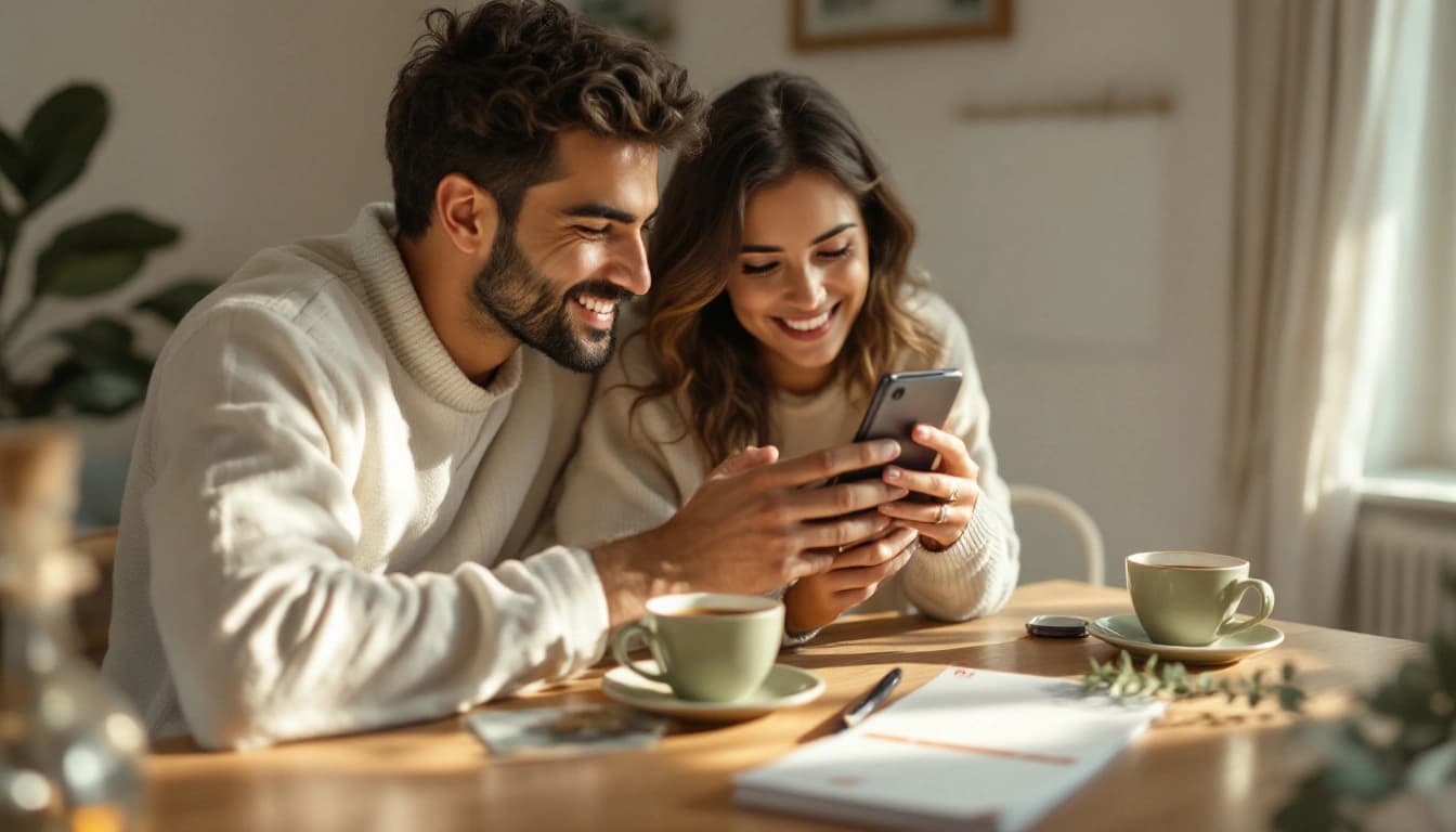 Lächelndes Paar am sonnigen Küchentisch mit Kaffeetassen, Notizbuch und Stift schaut aufs Handy und schreibt den Text für sein Save the Date