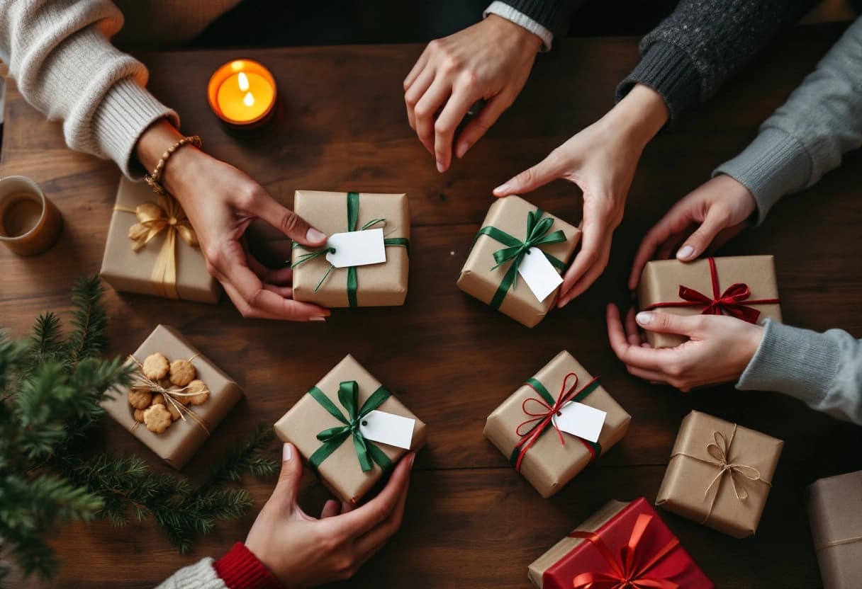 Manos intercambiando pequeños regalos envueltos en papel kraft con cintas verdes y rojas sobre una mesa de madera, durante un amigo invisible
