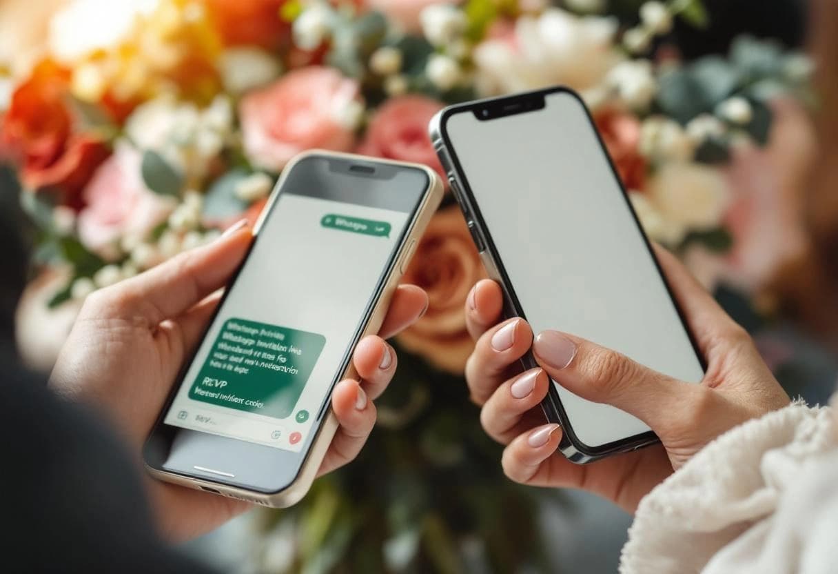 Couple sharing a wedding RSVP link via WhatsApp on a phone