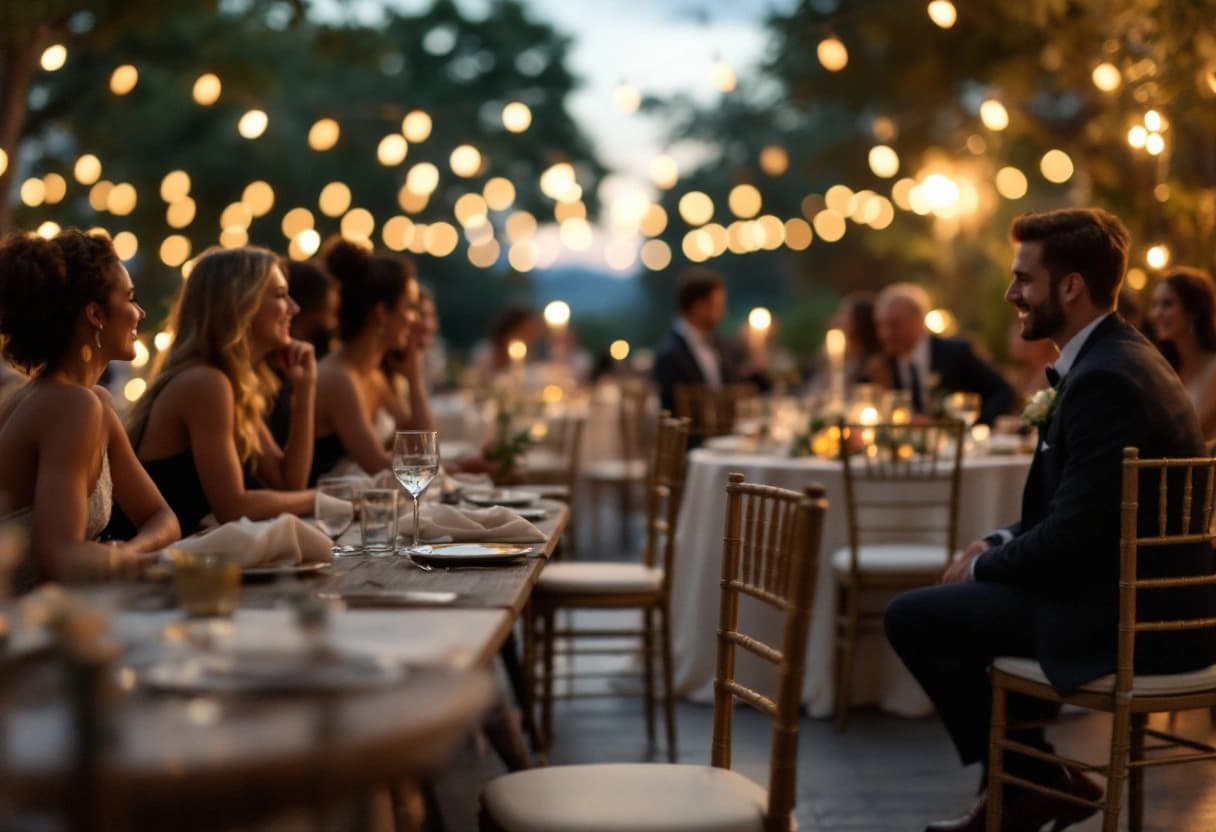 Silla dorada vacía en una mesa de banquete de boda de noche mientras los invitados de alrededor se ríen