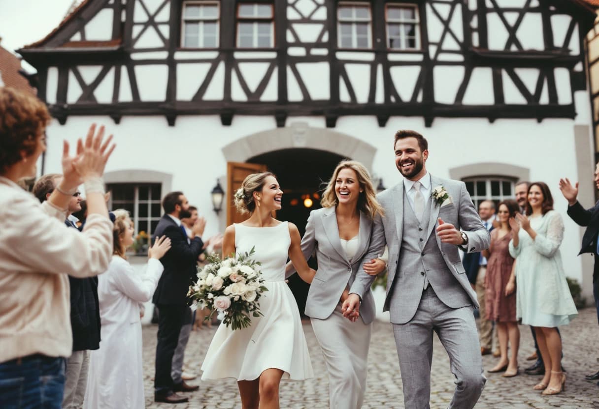 Brautpaar verlässt ein historisches Fachwerkrathaus nach der standesamtlichen Trauung, die Familie klatscht auf den Stufen
