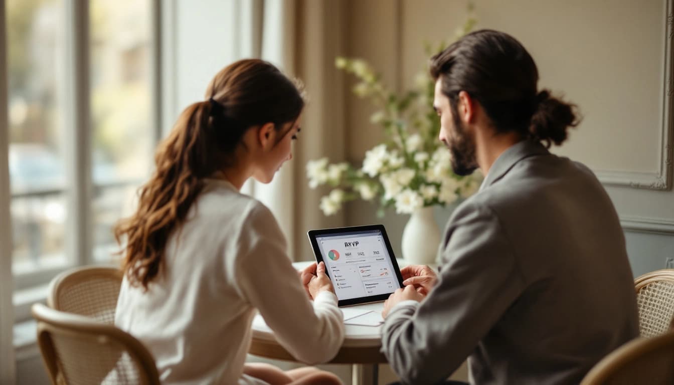 Couple consultant un tableau de bord de suivi RSVP mariage sur une tablette, avec la liste des invités et les confirmations en temps réel