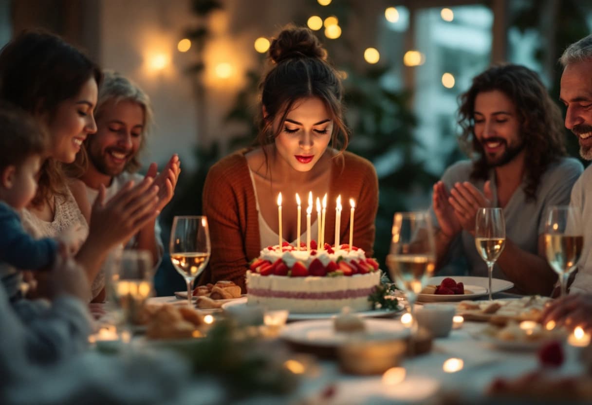 Festeggiata che spegne le candeline sulla torta di compleanno tra famiglia e amici che applaudono
