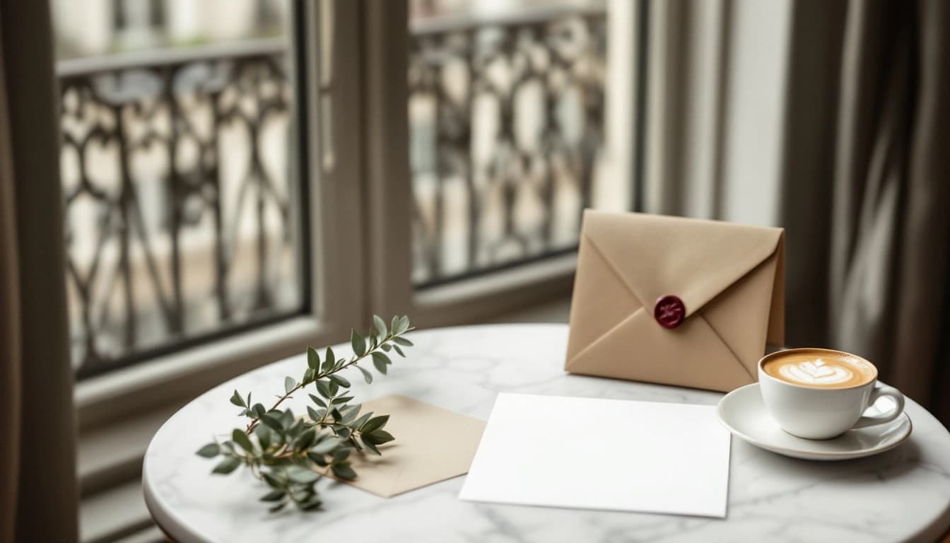 Carte de faire-part vierge en papier ivoire imprimé en typographie et enveloppe kraft scellée à la cire bordeaux, avec eucalyptus et café crème, sur une table en marbre près d'une porte-fenêtre