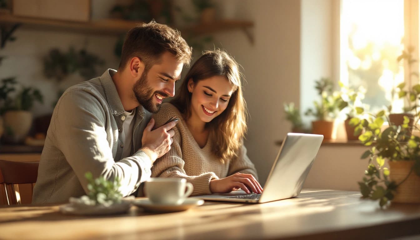 A couple planning their wedding together on a laptop and phone at a sunlit kitchen table