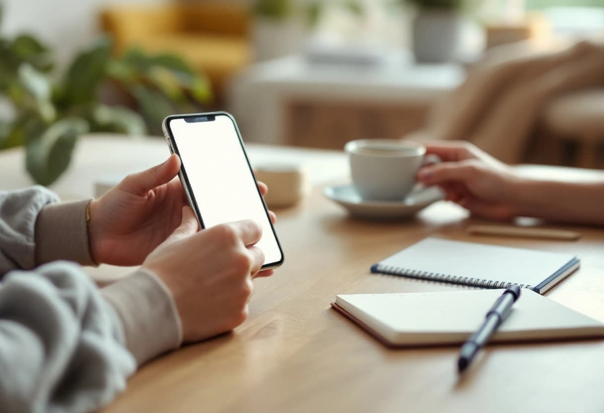 A couple comparing wedding planning apps on a phone and tablet at a bright wooden table