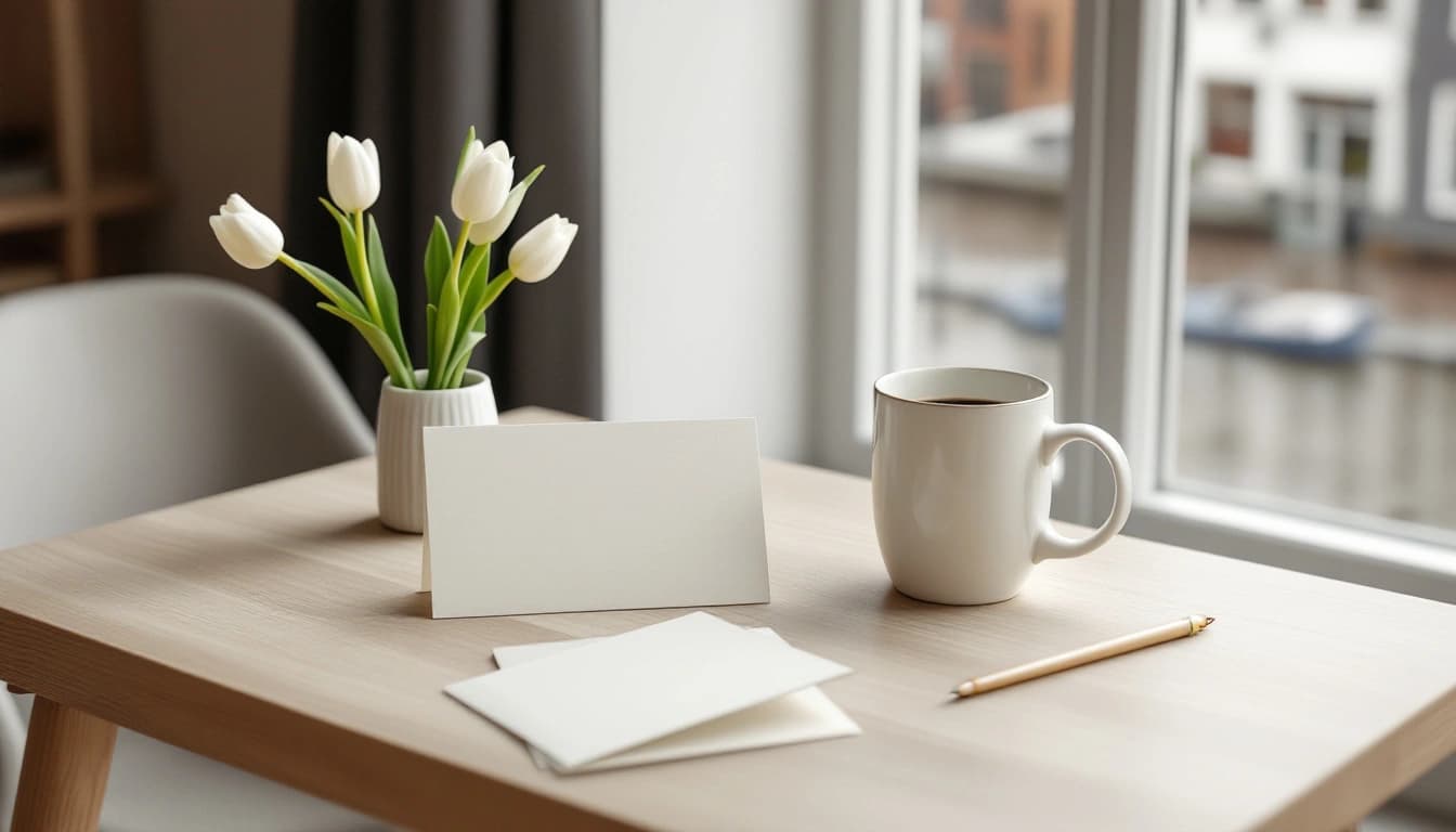 Blanco crèmekleurige trouwkaart met envelop, witte tulpen en een kop koffie op een lichte eikenhouten tafel in een grachtenpand