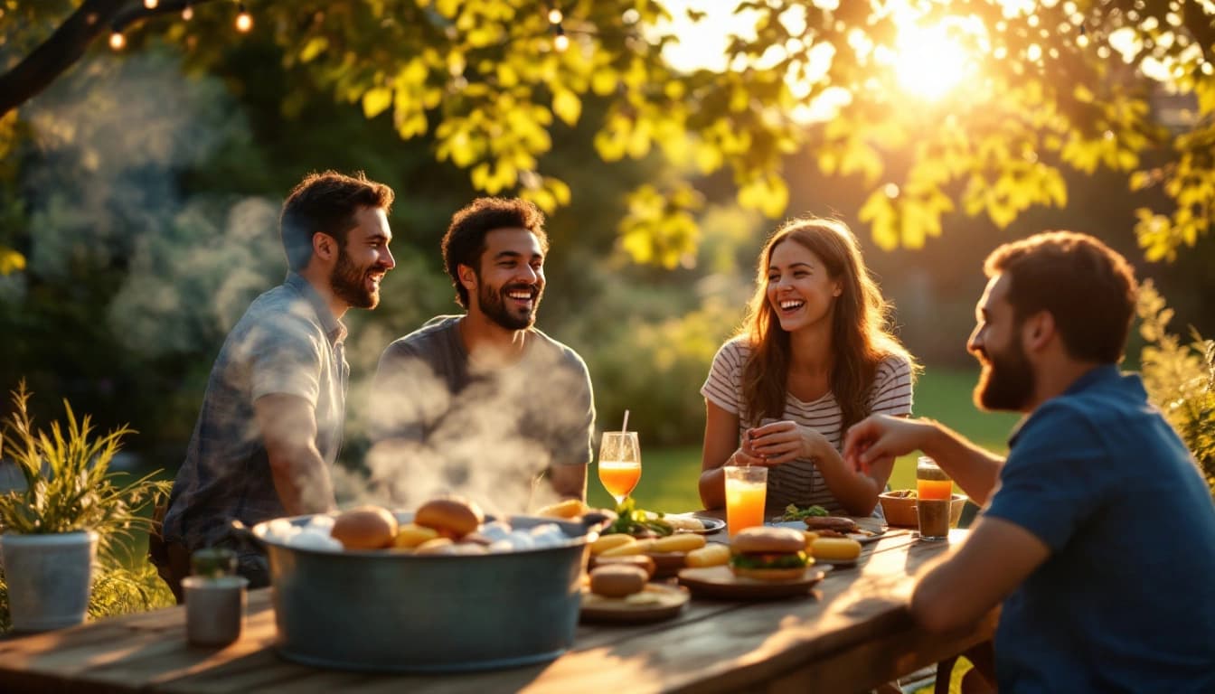 Friends gathered around a backyard BBQ grill at golden hour with food and drinks on a wooden table