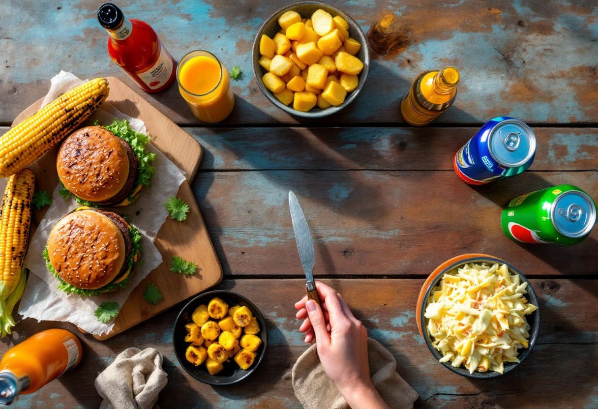 Overhead view of a backyard BBQ spread with burgers, corn, coleslaw, and cold drinks on a picnic table
