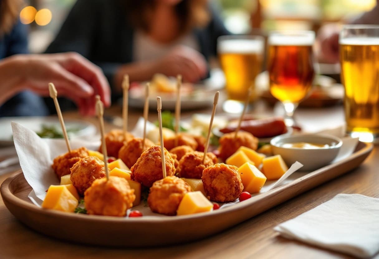 Schaal met bitterballen, blokjes kaas en worst op een tafel tijdens een Nederlandse verjaardag
