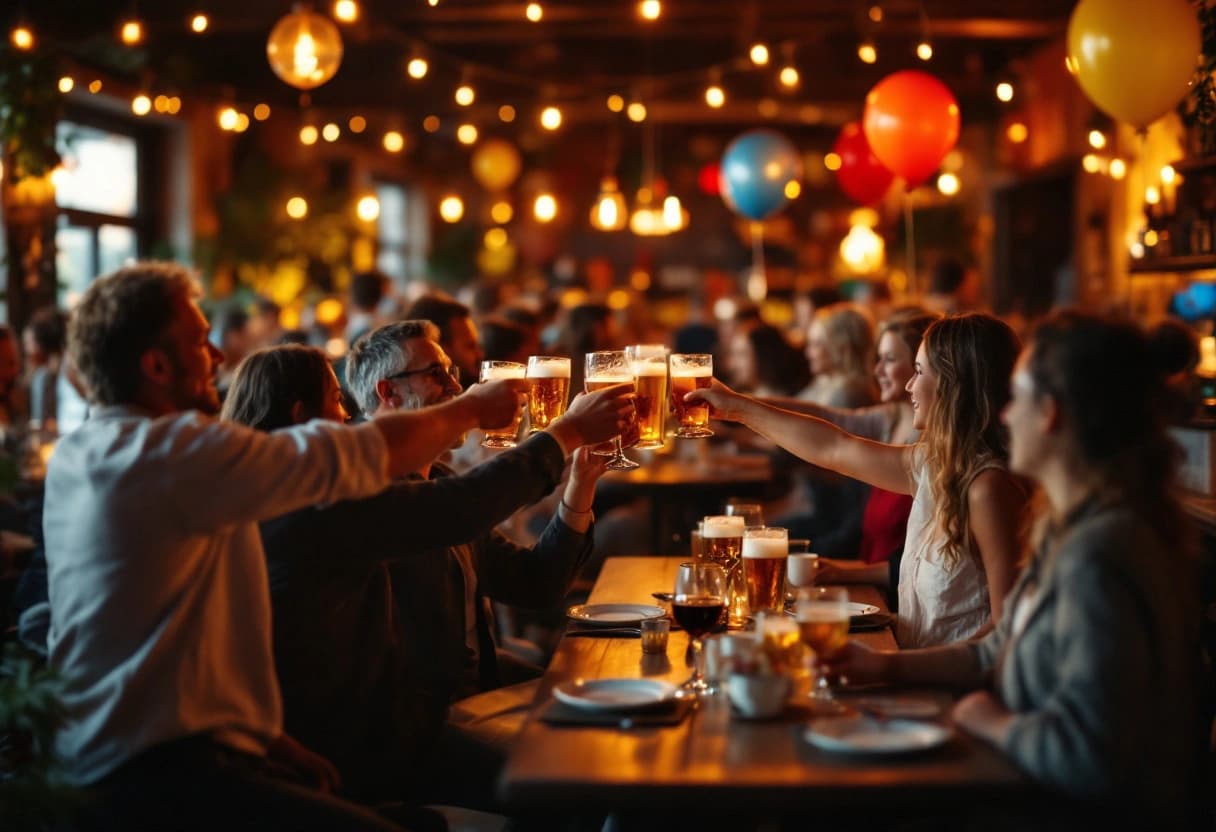 Gasten proosten met bier aan lange tafels in een feestzaal tijdens een groot verjaardagsfeest