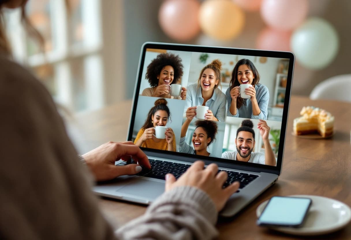 Convidados em videochamada de chá de bebê brindando pela tela do notebook