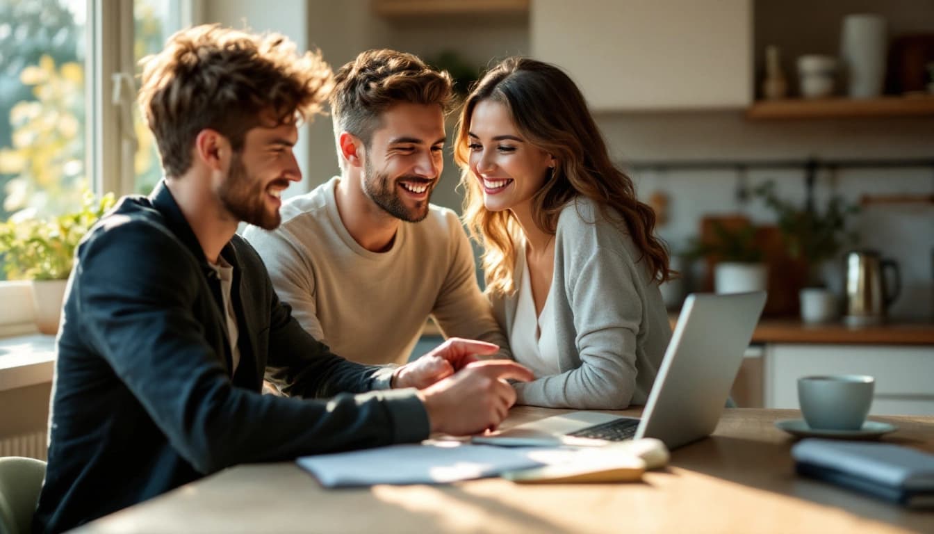 Couple reviewing their wedding guest list together at a kitchen table with a laptop and notebook