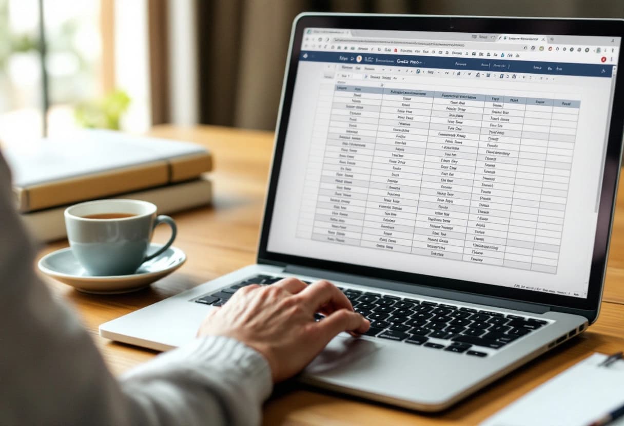 Wedding planner spreadsheet open on a laptop showing guest names organized into multiple event columns