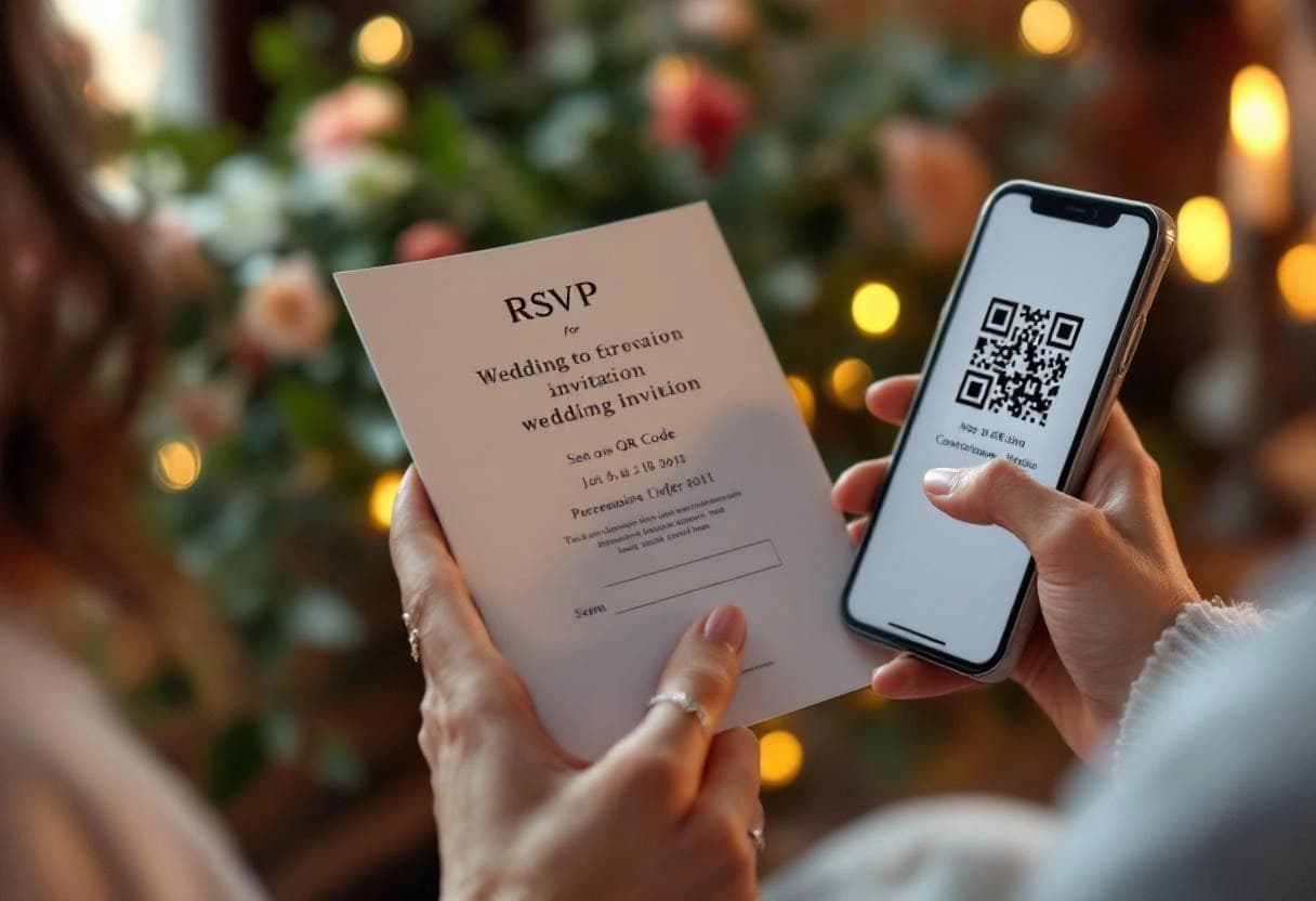 Wedding invitation with QR code for RSVP displayed next to a smartphone showing the RSVP confirmation page
