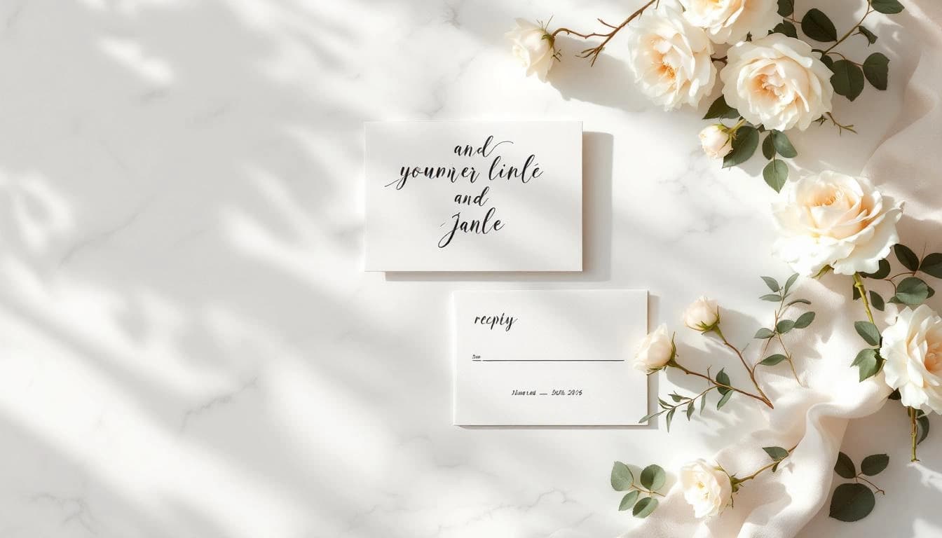 Elegant wedding invitation with calligraphy script on a wooden table surrounded by white flowers