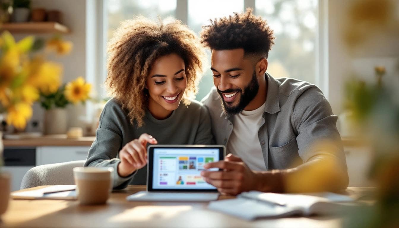 Couple reviewing their wedding planning timeline together on a tablet at a café table