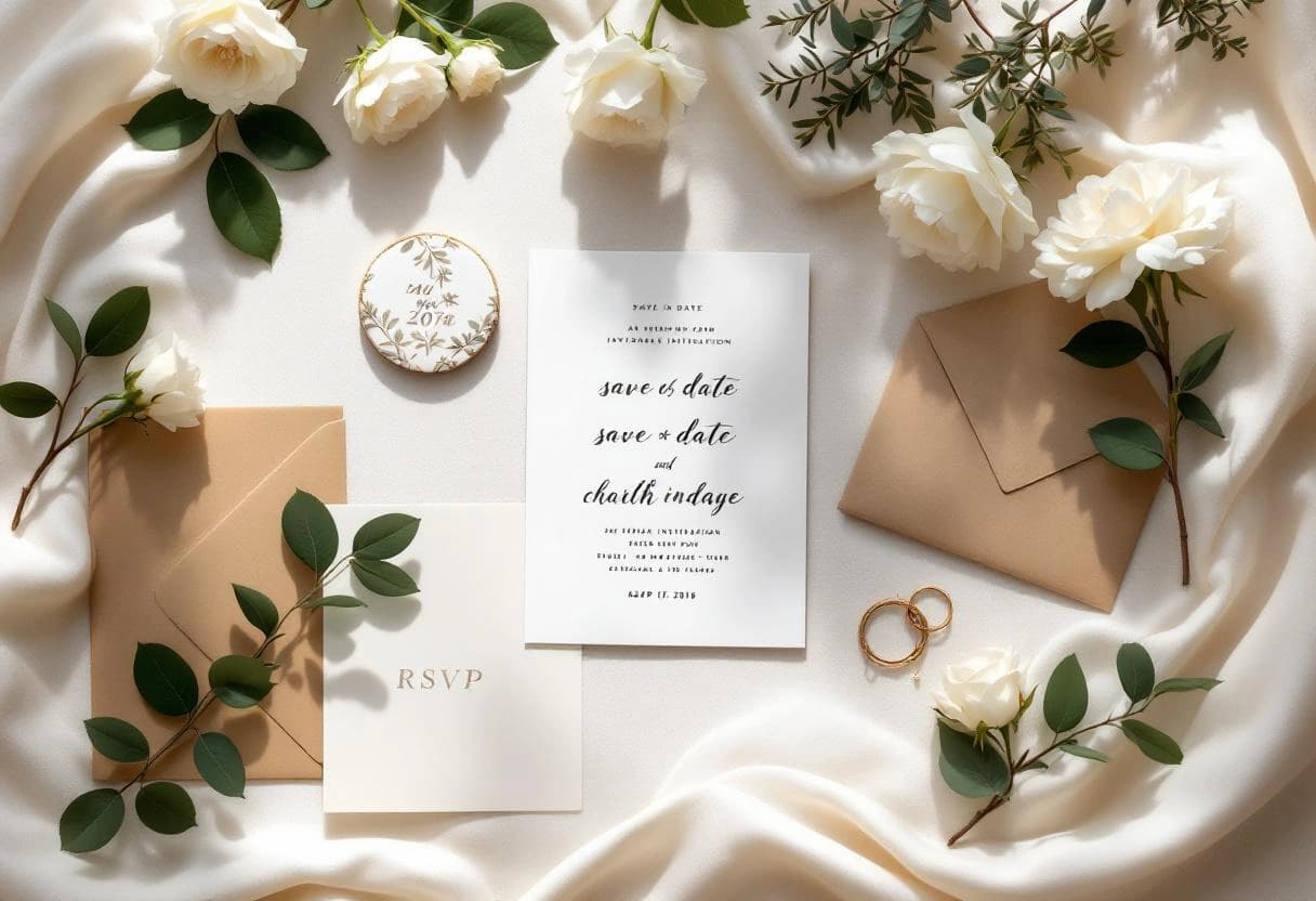 Wedding stationery timeline laid out on a flat surface