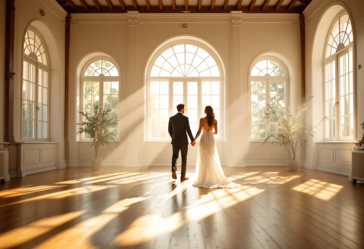 Engaged couple walking through an empty sunlit wedding venue hall during a site visit