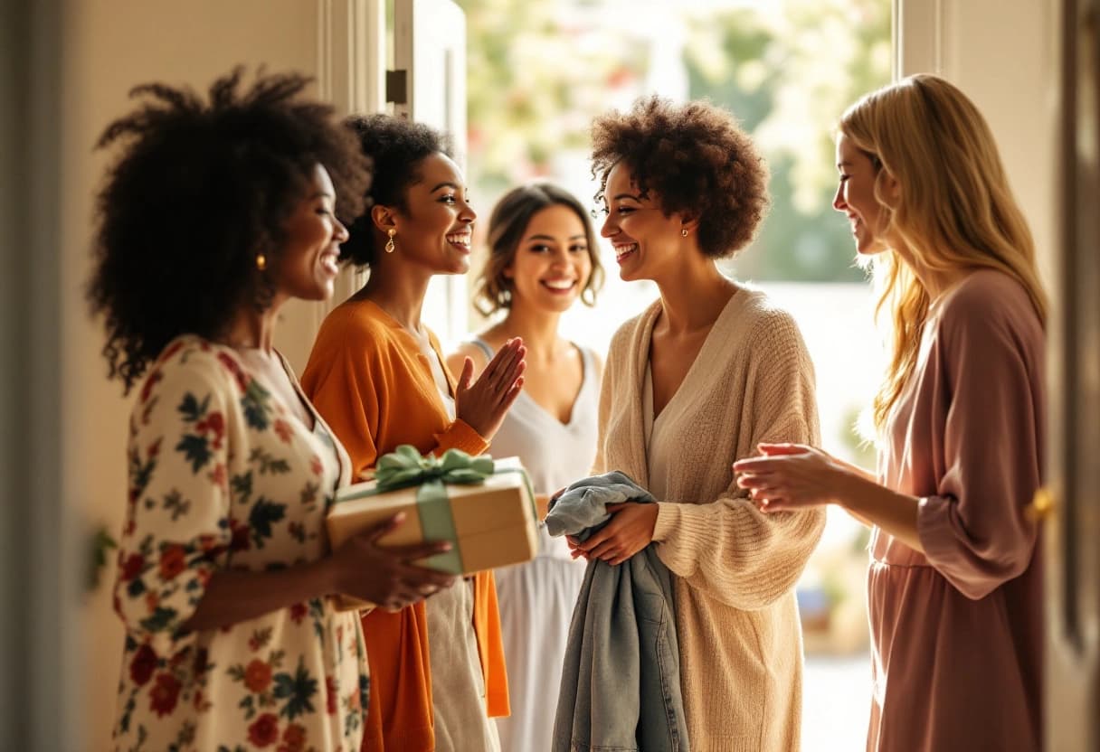 Guests arriving at a home baby shower, greeting each other with a wrapped gift
